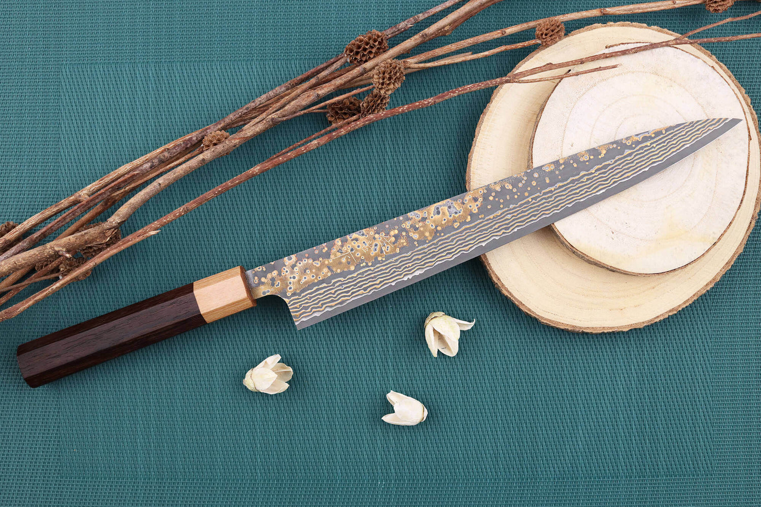 Couteau sujihiki 27cm japonais artisanal Takeshi Saji VG10 Gold