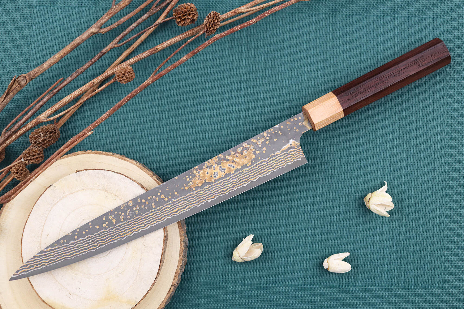 Couteau sujihiki 27cm japonais artisanal Takeshi Saji VG10 Gold