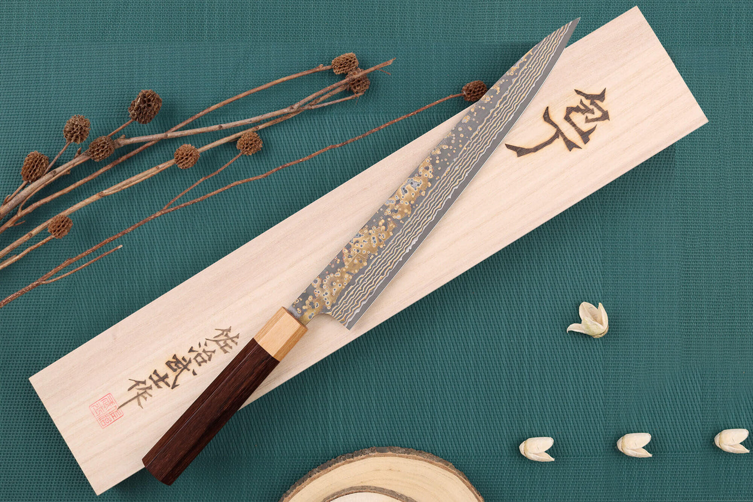 Couteau sujihiki 27cm japonais artisanal Takeshi Saji VG10 Gold