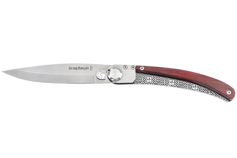 Couteau pliant Le Coq Français Charlemagne Red Heart artisanal manche bois rouge 11,5cm + étui
