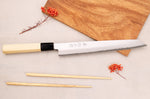 Couteau sujihiki kiritsuke 24cm japonais artisanal Momotaro Ginsan manche en magnolia