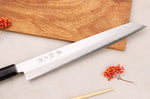 Couteau sujihiki kiritsuke 24cm japonais artisanal Momotaro Ginsan manche en magnolia