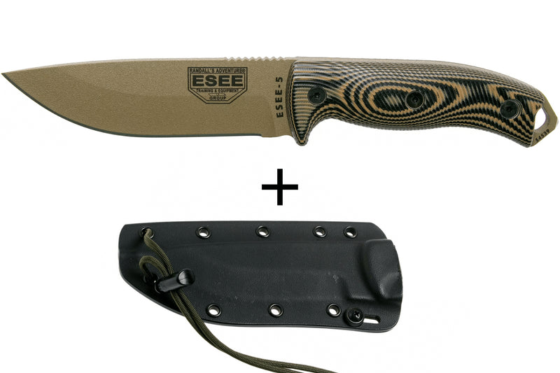 Couteau Esee 5 5PDE-005 lame acier carbone 13,2cm manche G10 coyote/noir + étui