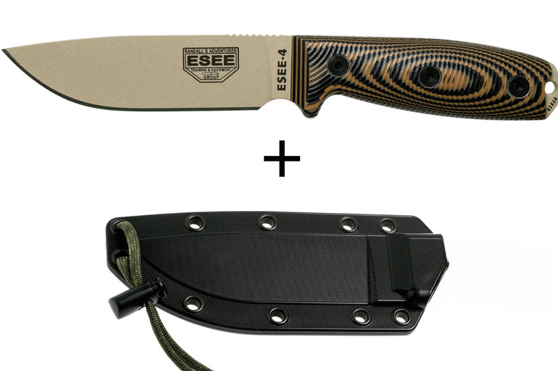 Couteau Esee 4 4PDT-005 lame carbone 11,6cm manche G10 coyote/noir + étui