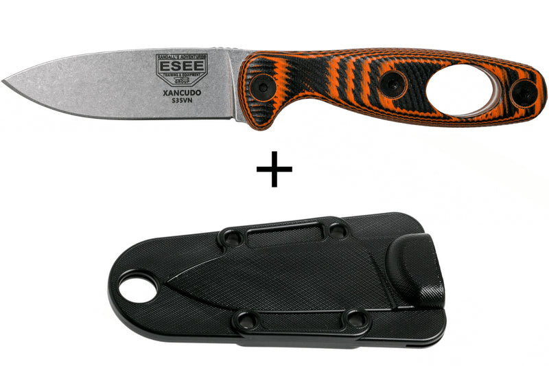 Couteau Esee Xancudo XAN1-006 lame acier inox 7,5cm manche troué G10 orange et noir + étui