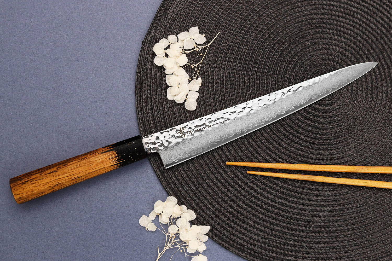 Couteau sujihiki 24cm japonais Sakai Takayuki Kashi Urushi VG10 damas