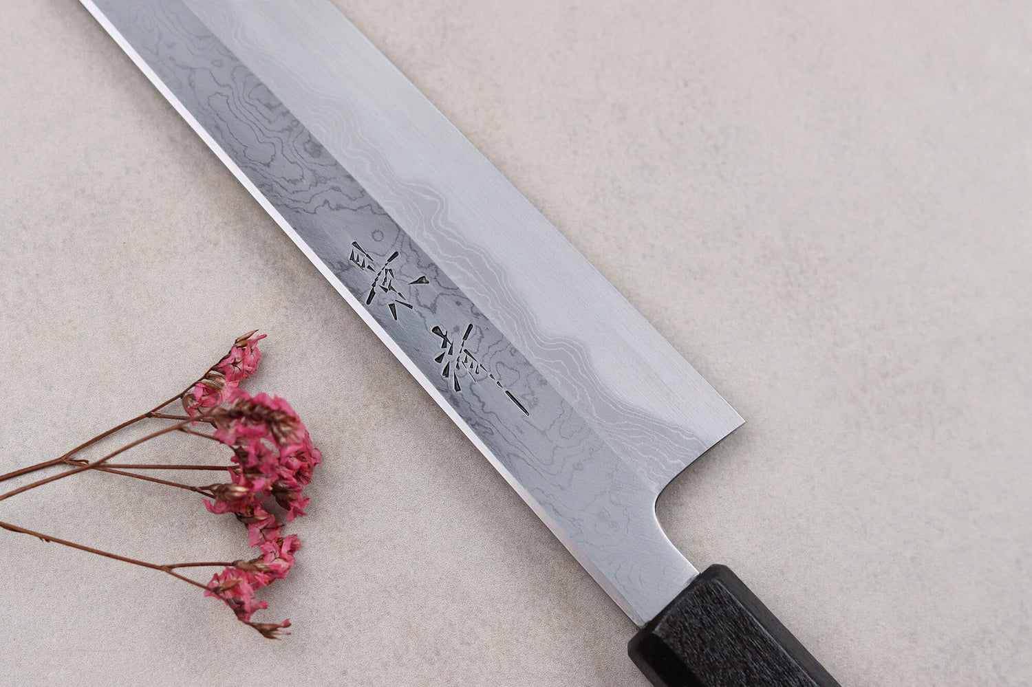 Couteau sujihiki japonais artisanal Kagekiyo Yoshikazu Tanaka Damas Aogami 27cm