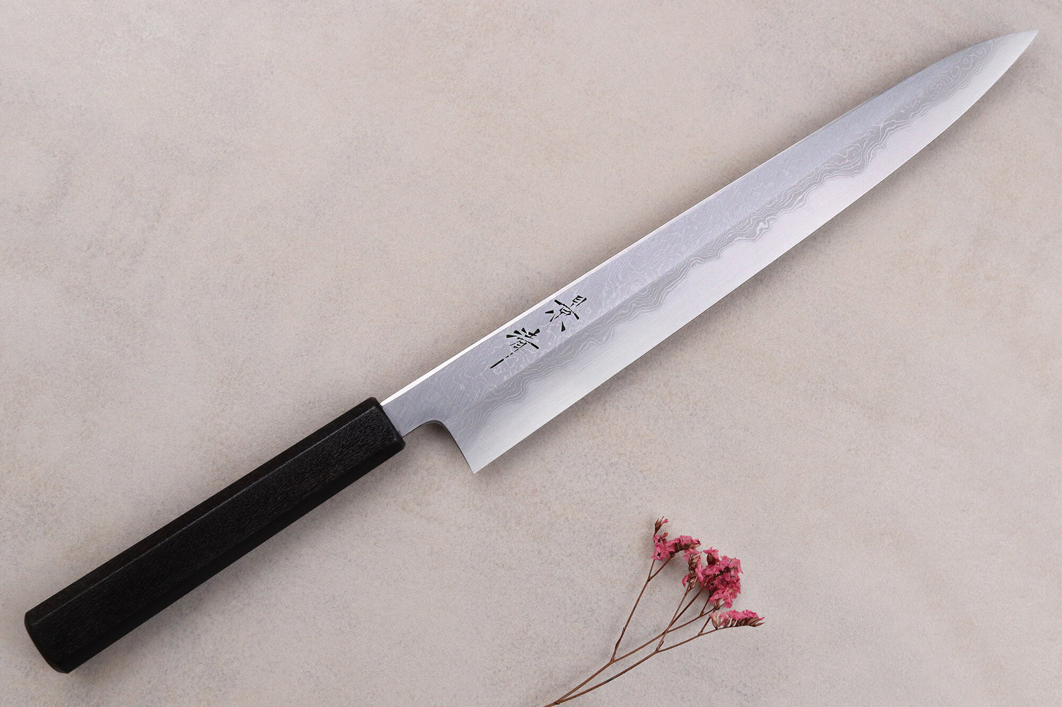Couteau sujihiki japonais artisanal Kagekiyo Yoshikazu Tanaka Damas Aogami 27cm