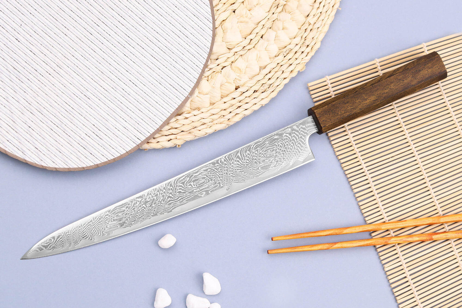 Couteau sujihiki japonais artisanal Wusaki Unagi AUS10 damas 24cm manche chêne