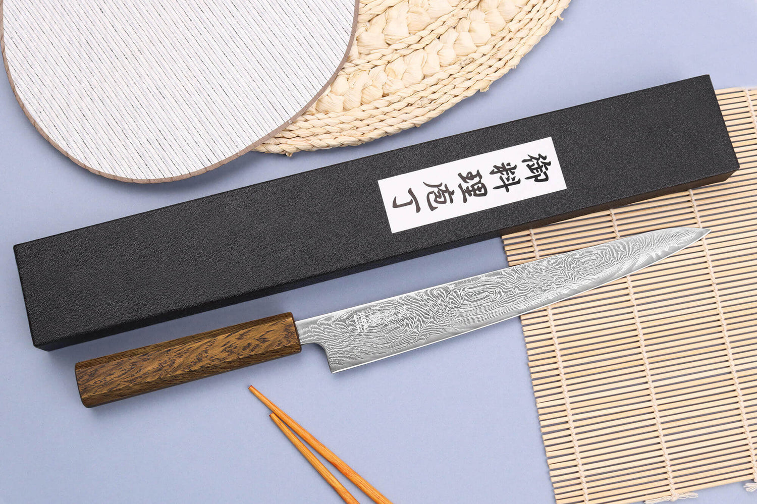 Couteau sujihiki japonais artisanal Wusaki Unagi AUS10 damas 24cm manche chêne