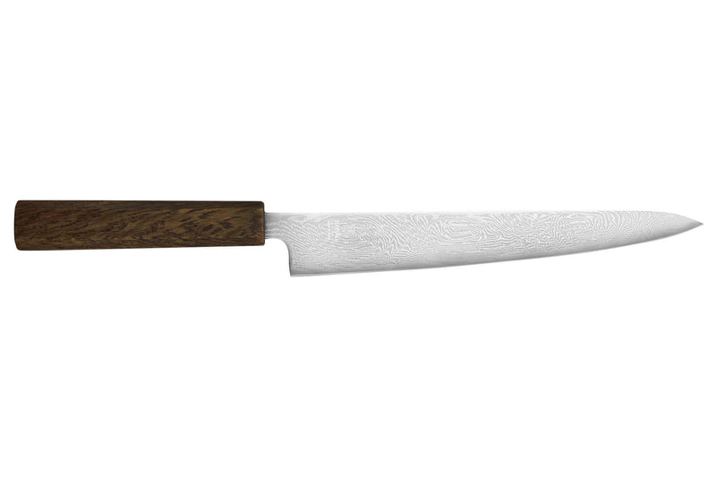 Couteau sujihiki japonais artisanal Wusaki Unagi AUS10 damas 24cm manche chêne