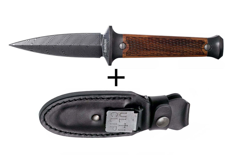 Couteau Böker P08 Damascus 121515DAM lame damassée 8,2cm manche en bois + étui en cuir