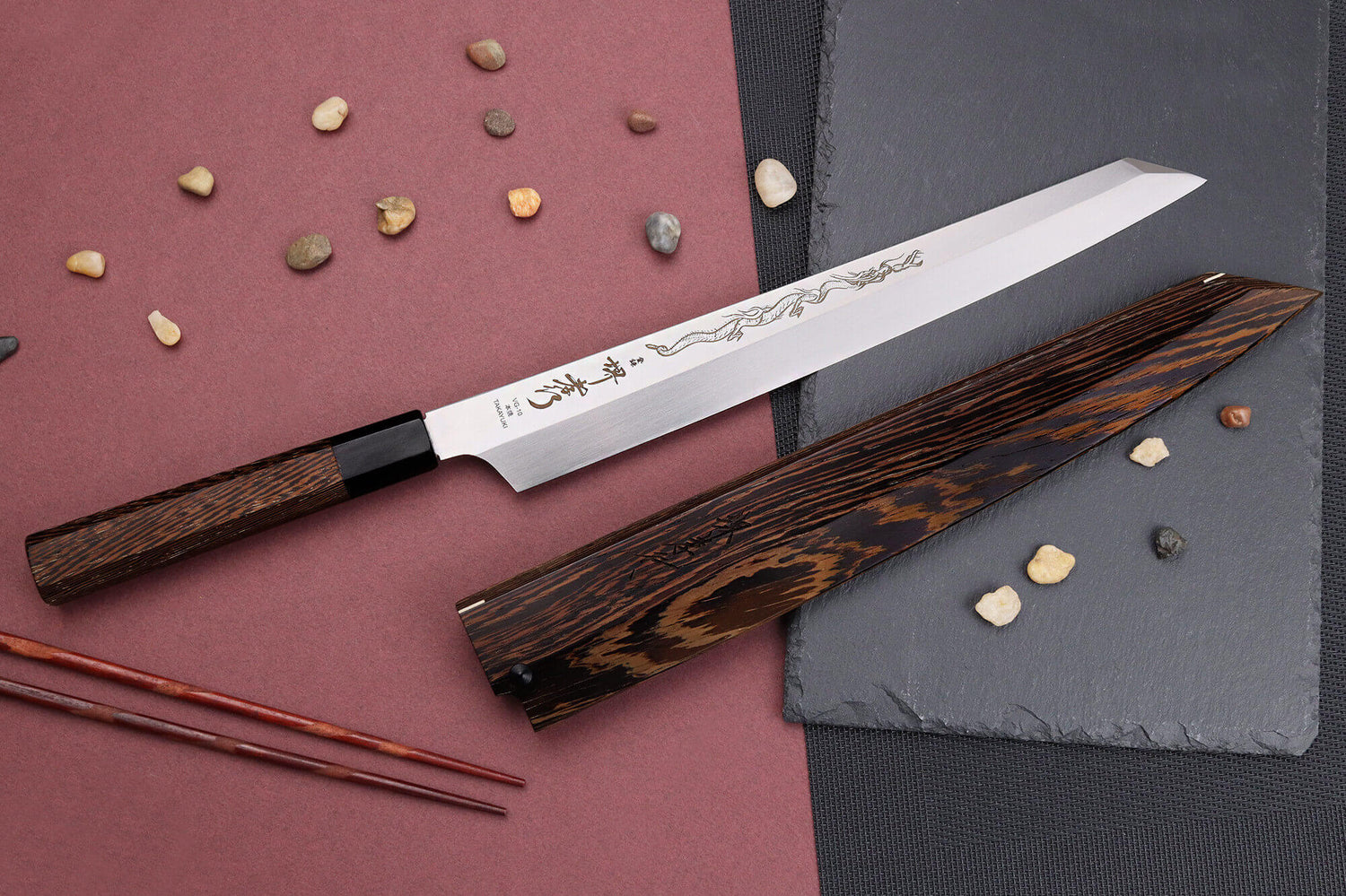 Couteau yanagiba kiritsuke 30cm japonais artisanal Sakai Takayuki Honyaki Shoryu VG10