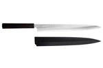 Couteau yanagiba japonais artisanal 33cm Sakai Takayuki Byakko manche en ébène + étui