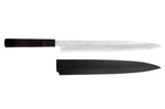 Couteau yanagiba japonais artisanal 30cm Sakai Takayuki Byakko manche en ébène + étui