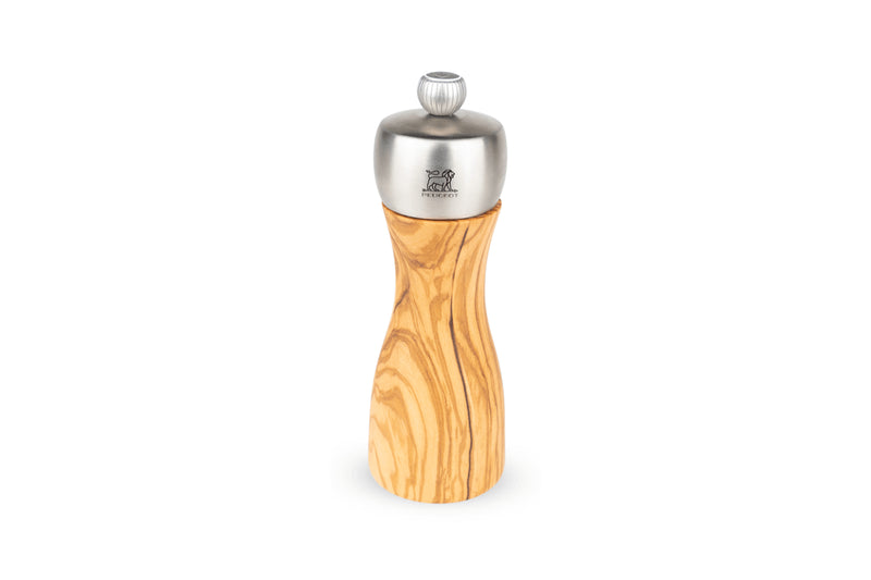 Moulin à sel sec manuel Peugeot Fidji en bois d'olivier et inox - 15 cm