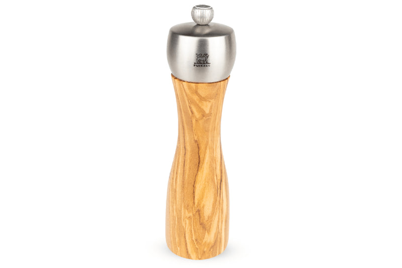 Moulin à sel sec manuel Peugeot Fidji en bois d'olivier et inox - 20 cm