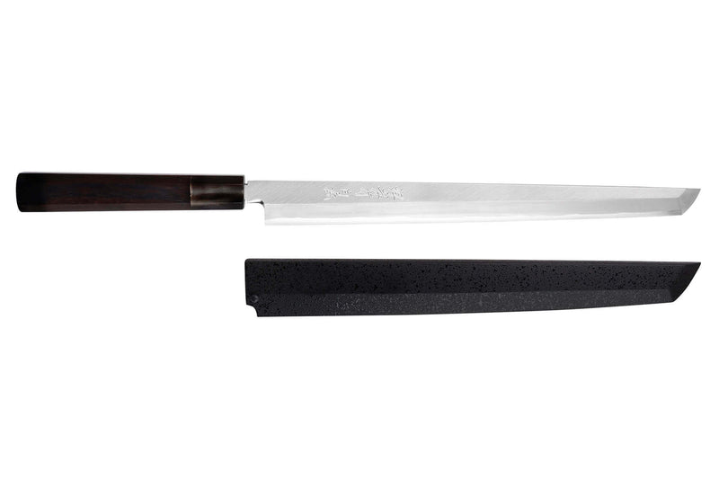 Couteau sakimaru takohiki japonais artisanal 30cm Sakai Takayuki Byakko manche en ébène + étui