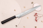 Couteau yanagiba japonais artisanal 27cm Sakai Takayuki Byakko manche en ébène + étui