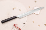 Couteau yanagiba japonais artisanal 30cm Sakai Takayuki Byakko manche en ébène + étui
