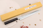 Couteau yanagiba japonais artisanal 30cm Sakai Takayuki Byakko manche en ébène + étui