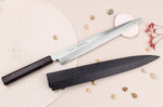 Couteau yanagiba japonais artisanal 30cm Sakai Takayuki Byakko manche en ébène + étui