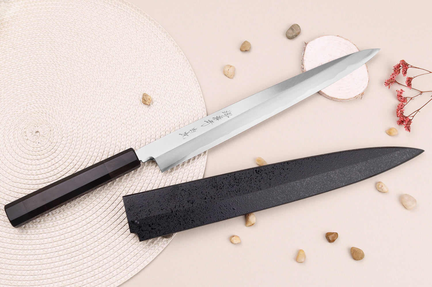 Couteau yanagiba japonais artisanal 30cm Sakai Takayuki Byakko manche en ébène + étui