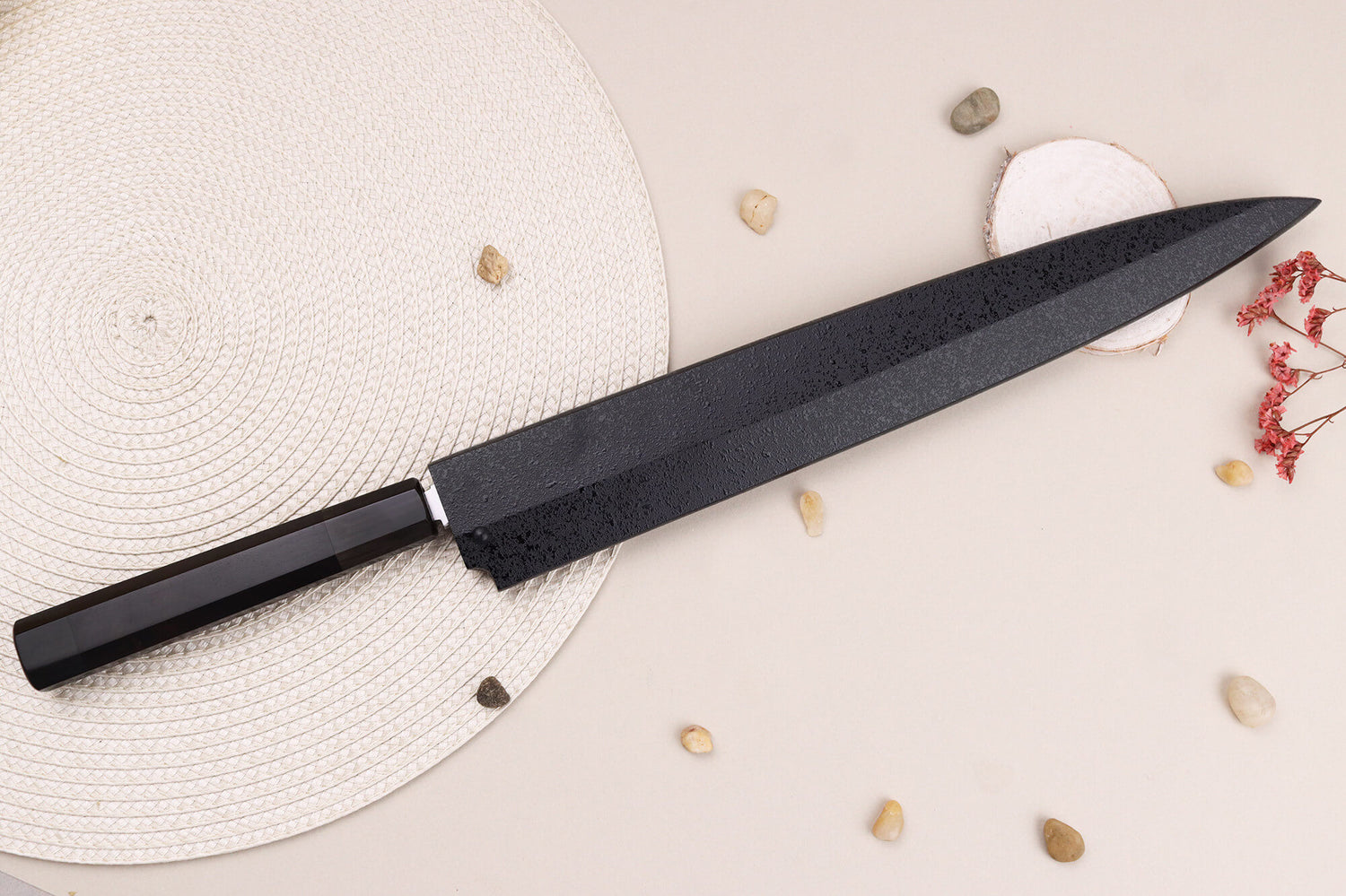 Couteau yanagiba japonais artisanal 30cm Sakai Takayuki Byakko manche en ébène + étui