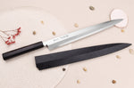 Couteau yanagiba japonais artisanal 33cm Sakai Takayuki Byakko manche en ébène + étui
