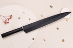 Couteau yanagiba japonais artisanal 33cm Sakai Takayuki Byakko manche en ébène + étui