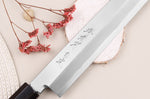 Couteau yanagiba japonais artisanal 33cm Sakai Takayuki Byakko manche en ébène + étui
