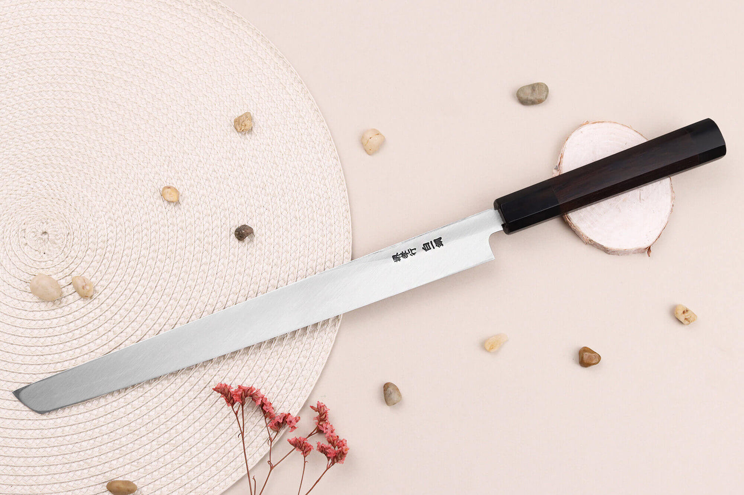 Couteau sakimaru takohiki japonais artisanal 30cm Sakai Takayuki Byakko manche en ébène + étui