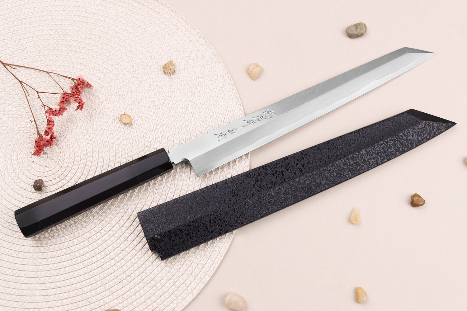 Couteau yanagiba kiritsuke japonais artisanal 27cm Sakai Takayuki Byakko manche en ébène + étui