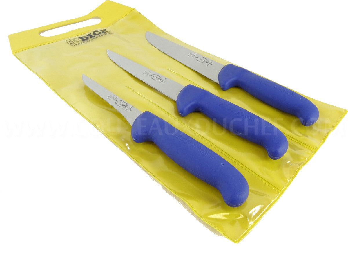 Pochette de 3 couteaux de boucher bleus DICK ERGOGRIP désosseur+saigner+boucher