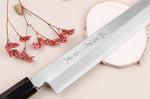 Couteau yanagiba kiritsuke japonais artisanal 27cm Sakai Takayuki Byakko manche en ébène + étui