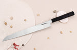 Couteau yanagiba kiritsuke japonais artisanal 30cm Sakai Takayuki Byakko manche en ébène + étui