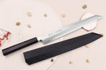Couteau yanagiba kiritsuke japonais artisanal 30cm Sakai Takayuki Byakko manche en ébène + étui