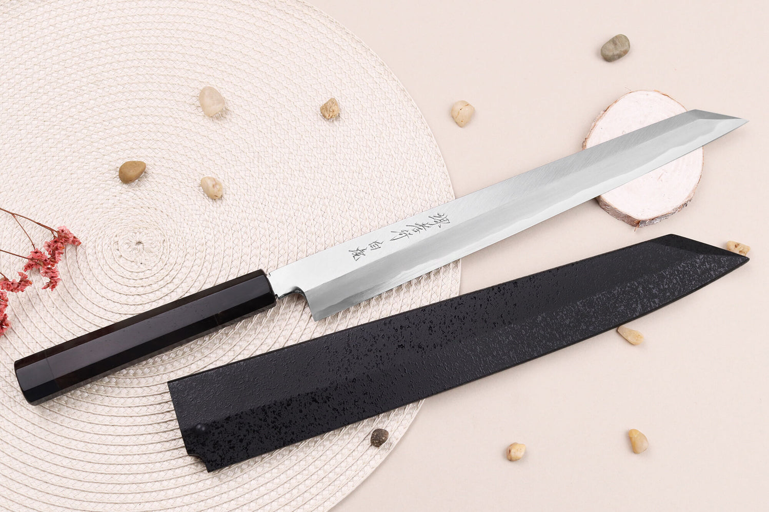 Couteau yanagiba kiritsuke japonais artisanal 30cm Sakai Takayuki Byakko manche en ébène + étui