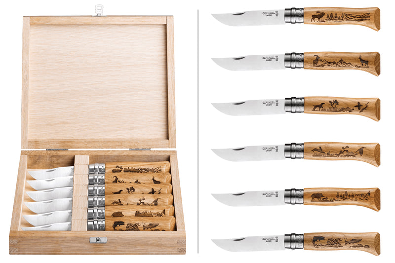 Coffret 6 couteaux Opinel Tradition Gravures Animalia n°08 lame 8,5cm manche chêne