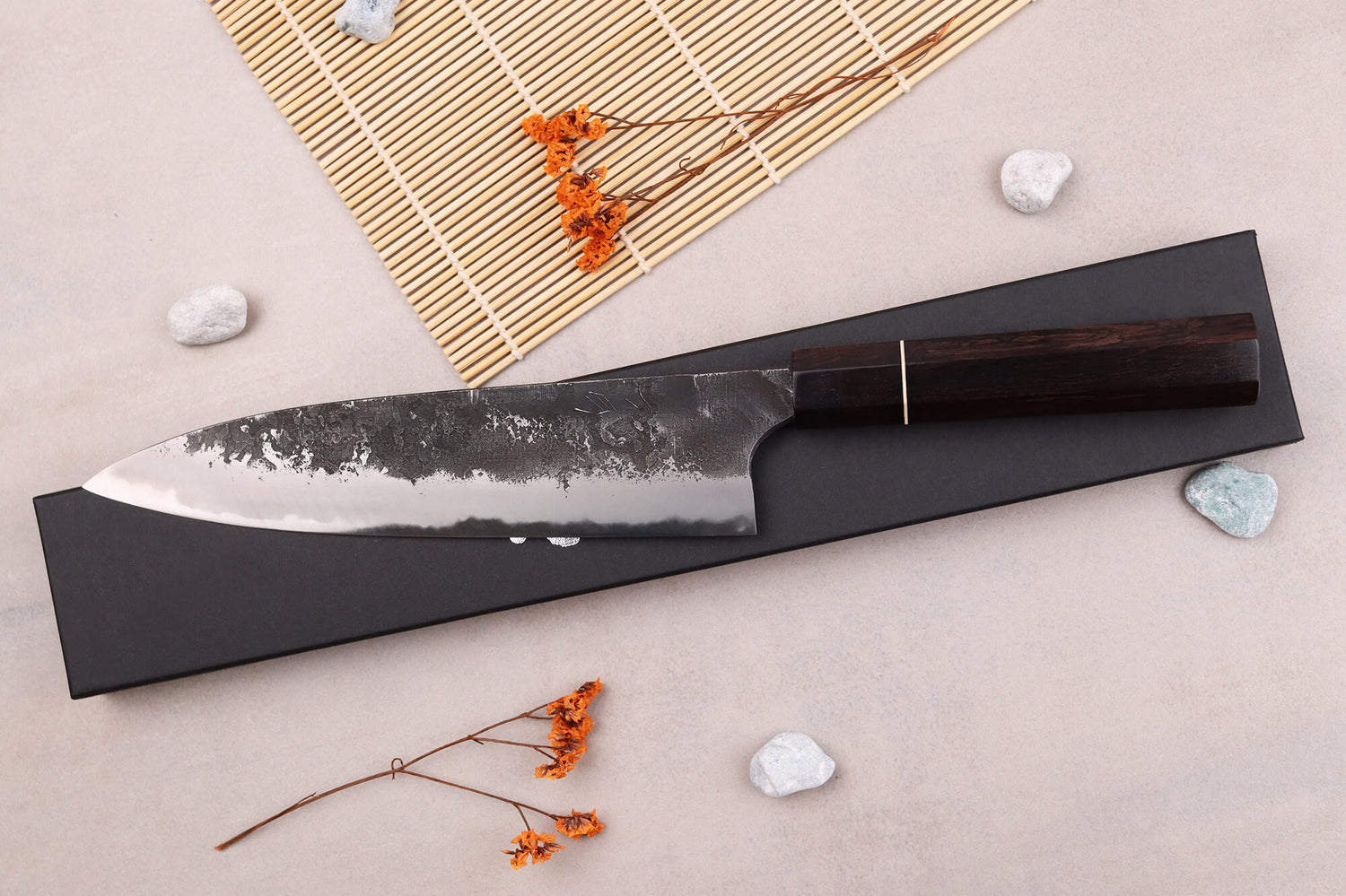 Couteau gyuto 21cm japonais artisanal Naoki Mazaki WS2 Black Nashiji