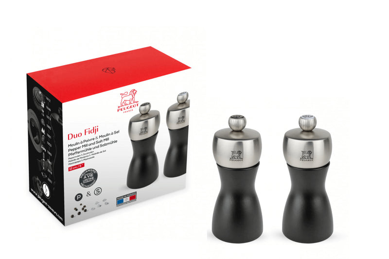 Coffret duo de moulins à poivre et à sel sec Peugeot Fidji en bois de hêtre et inox noir - 12 cm