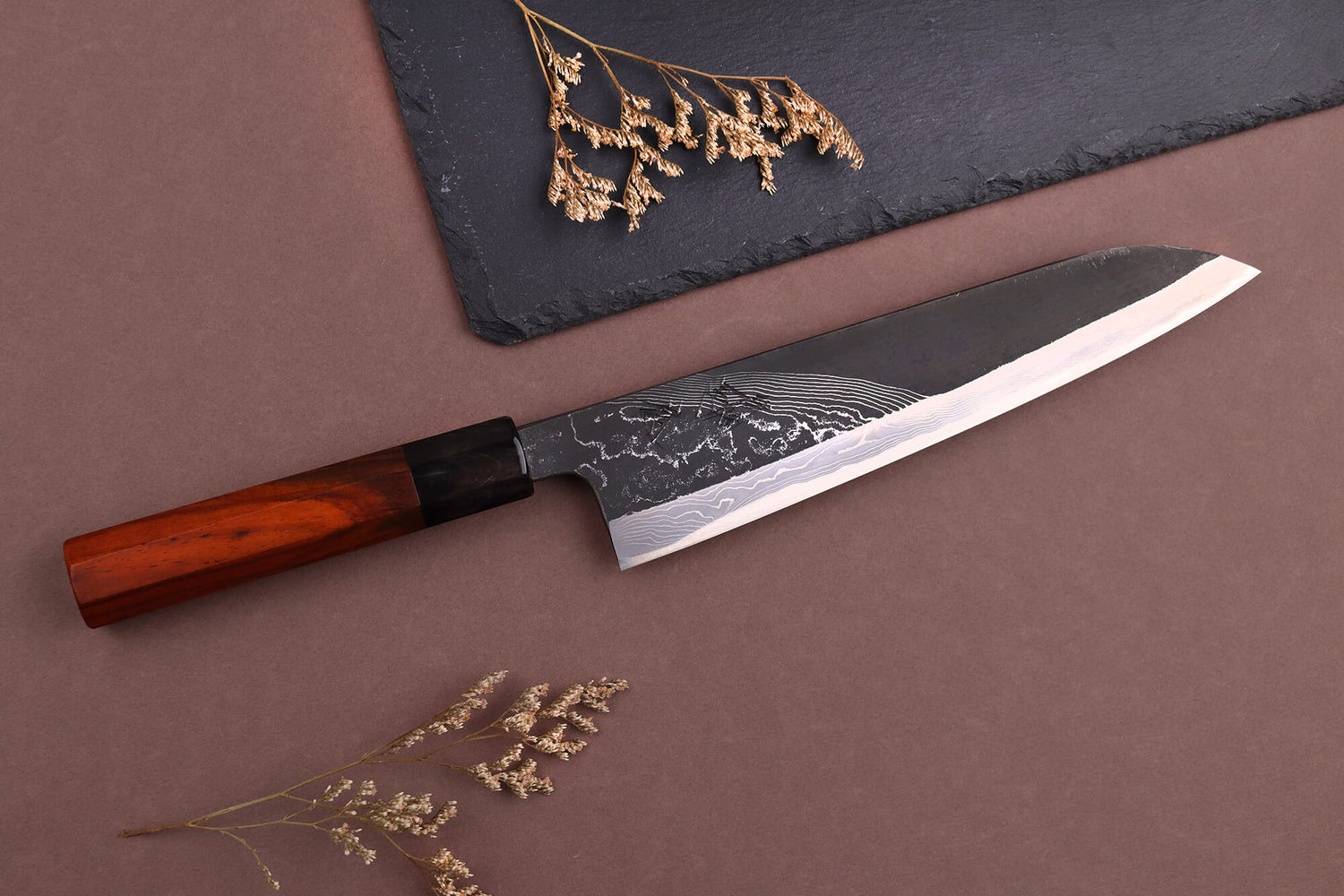 Couteau de chef 21cm japonais artisanal Hinoura Tsukasa River Jump manche bloodwood