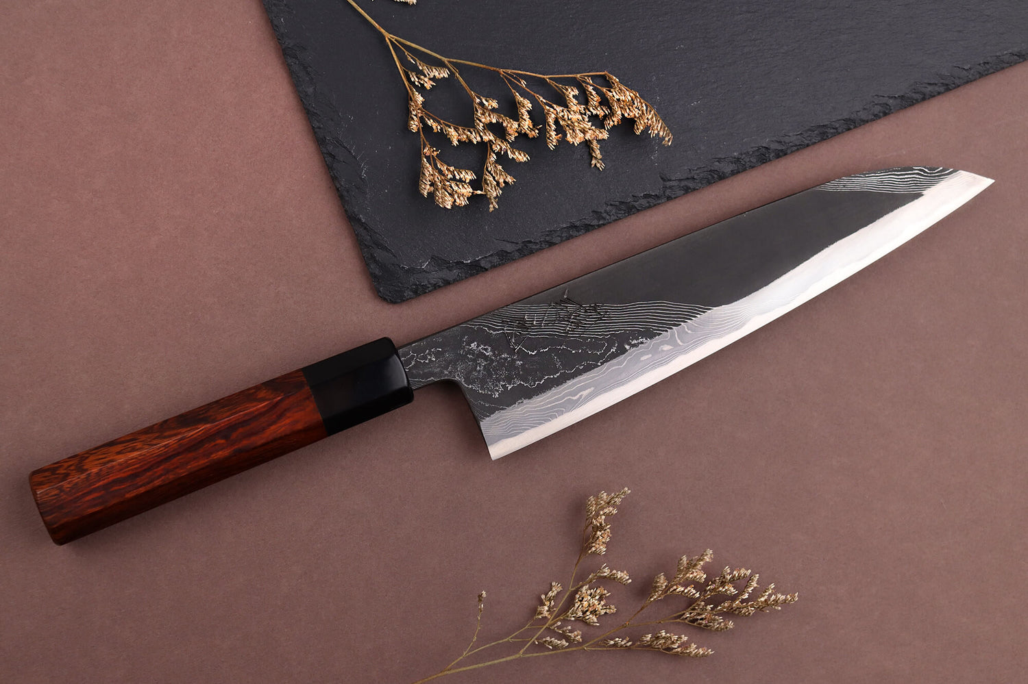 Couteau de chef 21cm japonais artisanal Hinoura Tsukasa River Jump manche bois de fer
