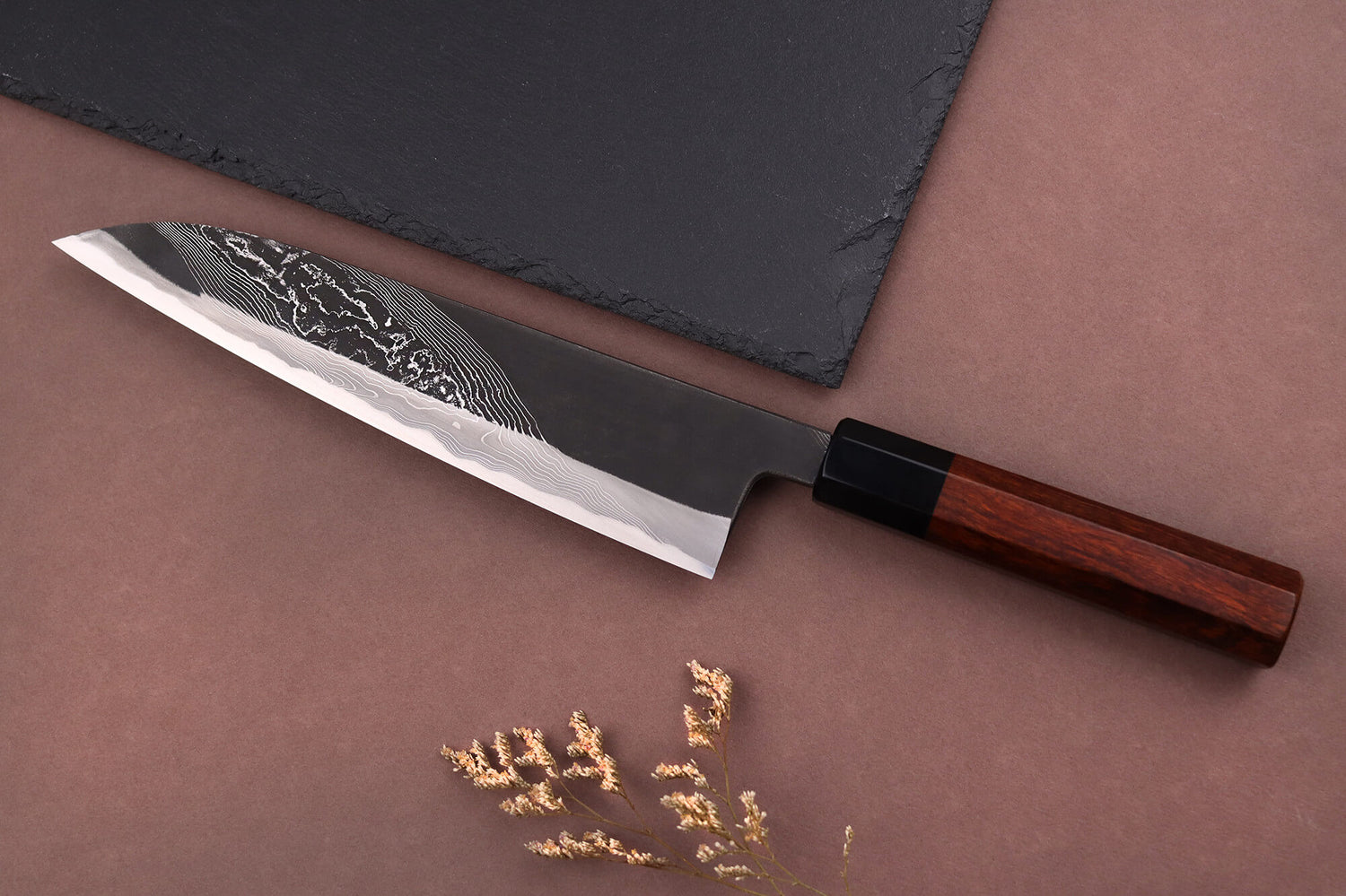 Couteau de chef 21cm japonais artisanal Hinoura Tsukasa River Jump manche bois de fer