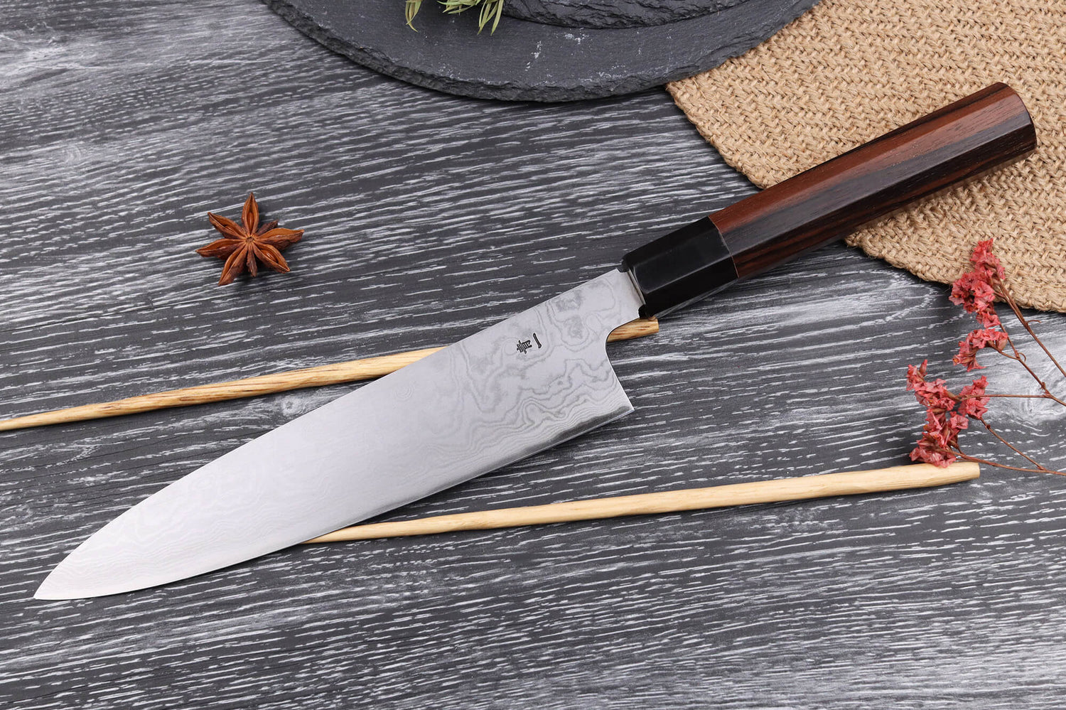 Couteau de chef japonais artisanal haut de gamme Yoshikazu Ikeda damas Blue Steel 1 21cm
