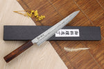 Couteau sujihiki japonais artisanal Wusaki Yoshi G3 chêne 24cm