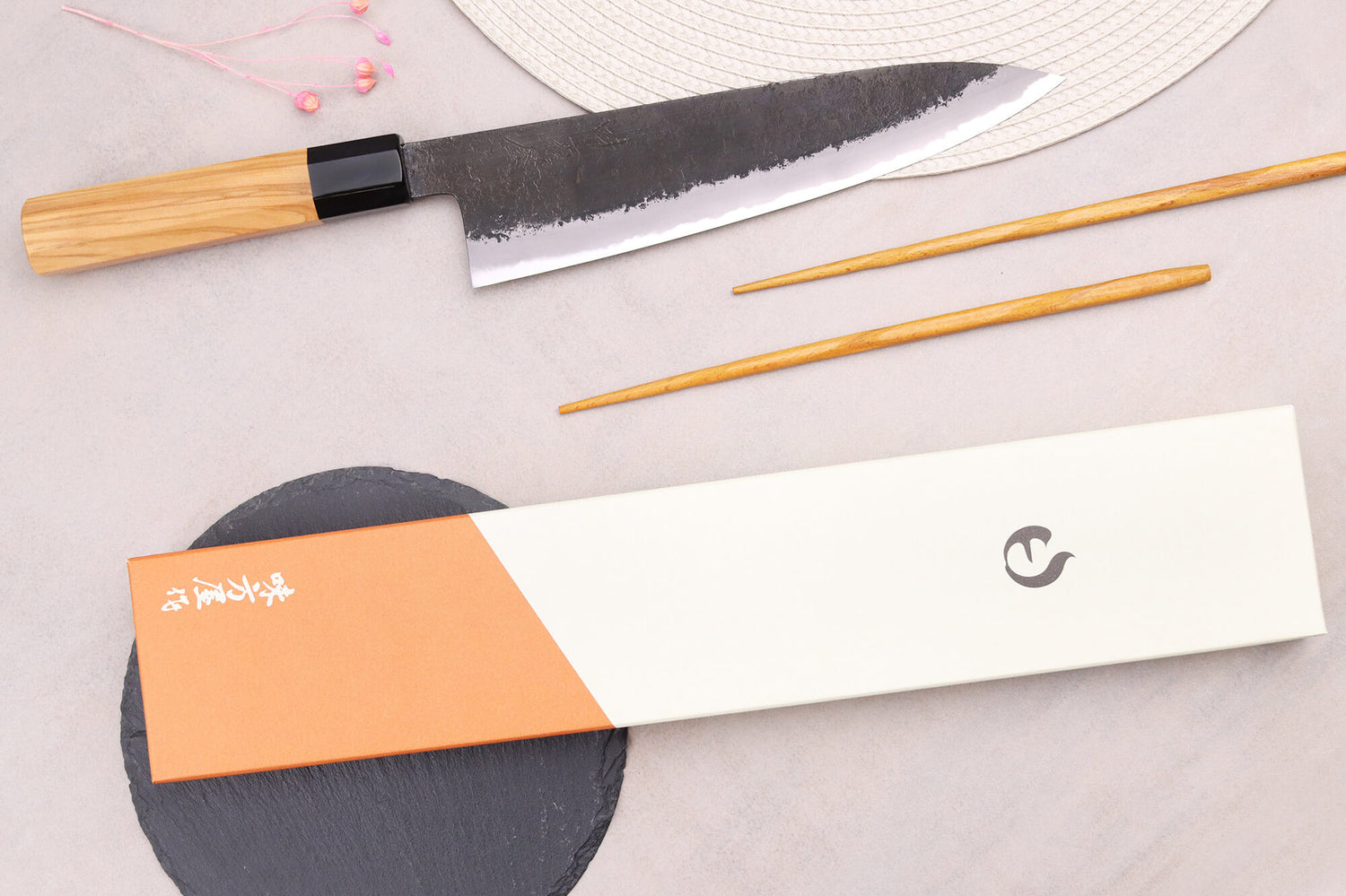 Couteau de chef 21cm japonais artisanal Hinoura Mutsumi Ajikataya Black Nashiji