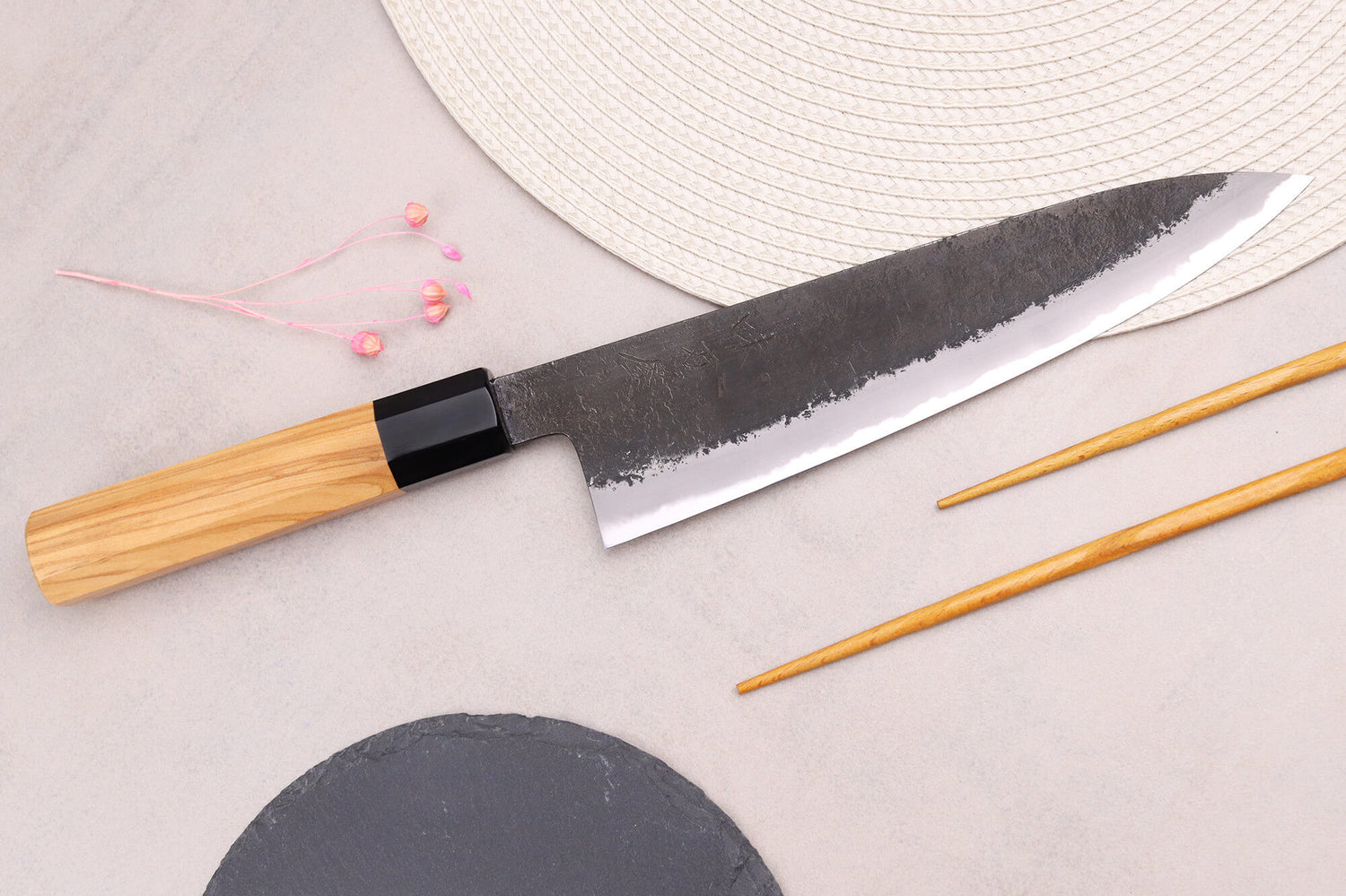 Couteau de chef 21cm japonais artisanal Hinoura Mutsumi Ajikataya Black Nashiji