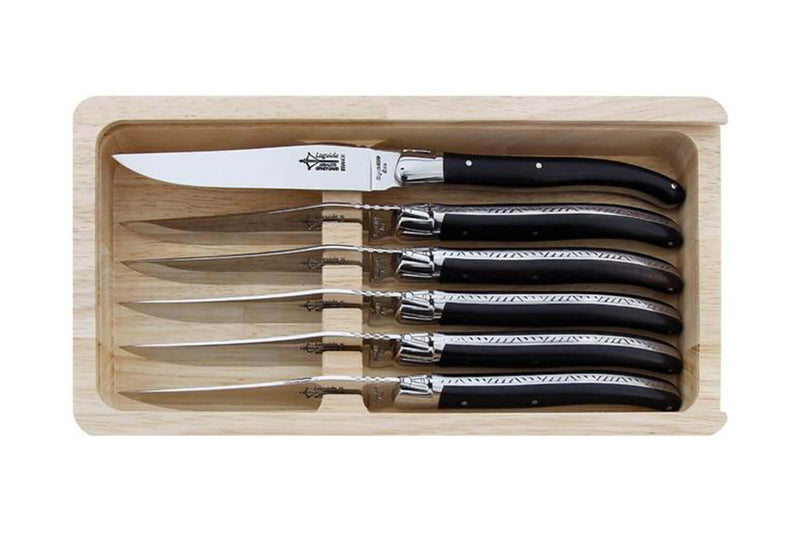 Coffret 6 couteaux de table Laguiole Arbalète G.DAVID inox 21cm manche en bois d'ébène