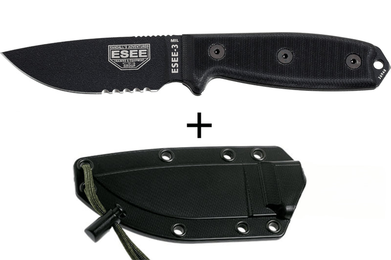 Couteau Esee 3 ESEE-3MIL-S-BLK lame semi-dentée acier carbone 8,8cm manche G10 noir + étui